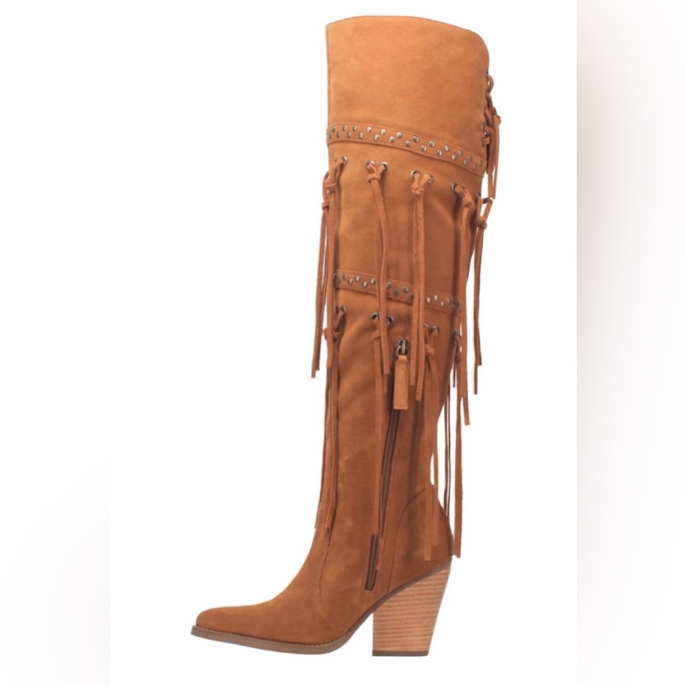 Dingo Tan Fringe Thigh-High Boots size 10